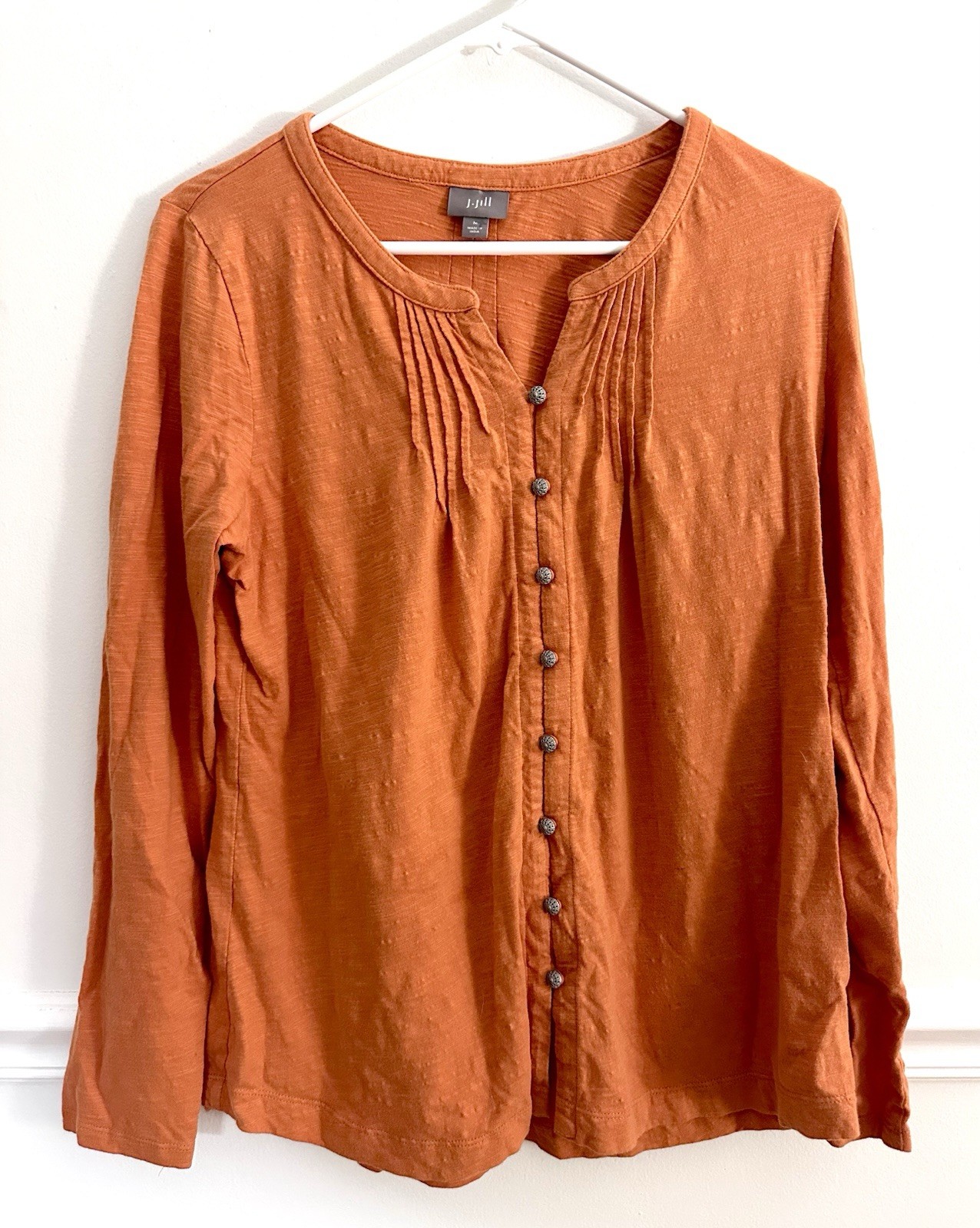 J. Jill Burnt Orange Slub Knit Cotton Cardigan Top Pleated Henley Med Button Up