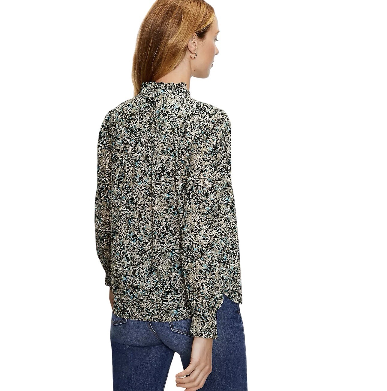 LOFT NWT Printed Pintucked Ruffle Long Sleeve Button Front Blouse Size Small