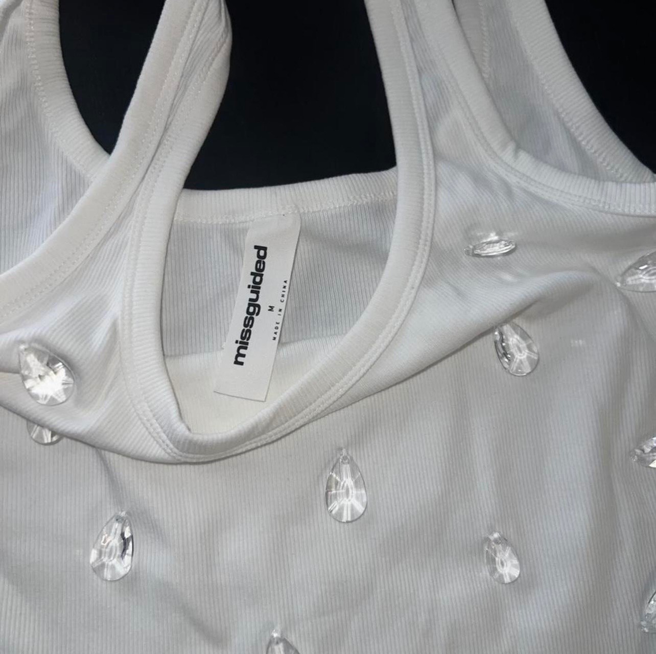 Missguided Ribbed Embellished White Tank Top