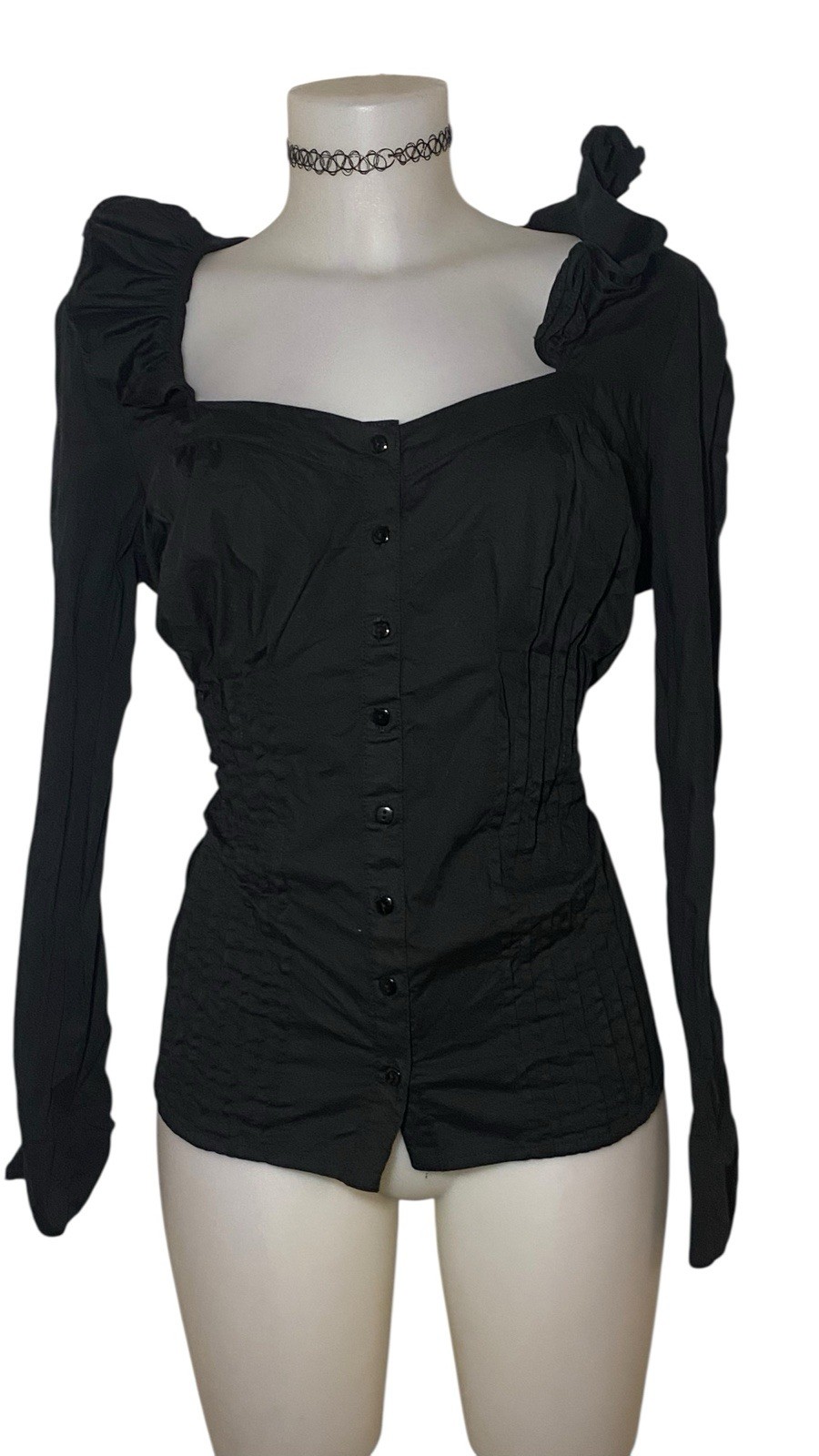 Womens 90s Victorian Black Ruffle Collar Square Neck Goth Grunge Witchy Top XL