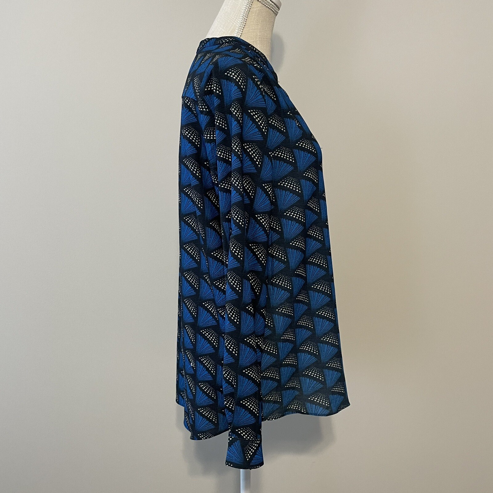 Jade Melody Tam Blue Geometric Silky Henley Top Medium Pattern Play Minimalist