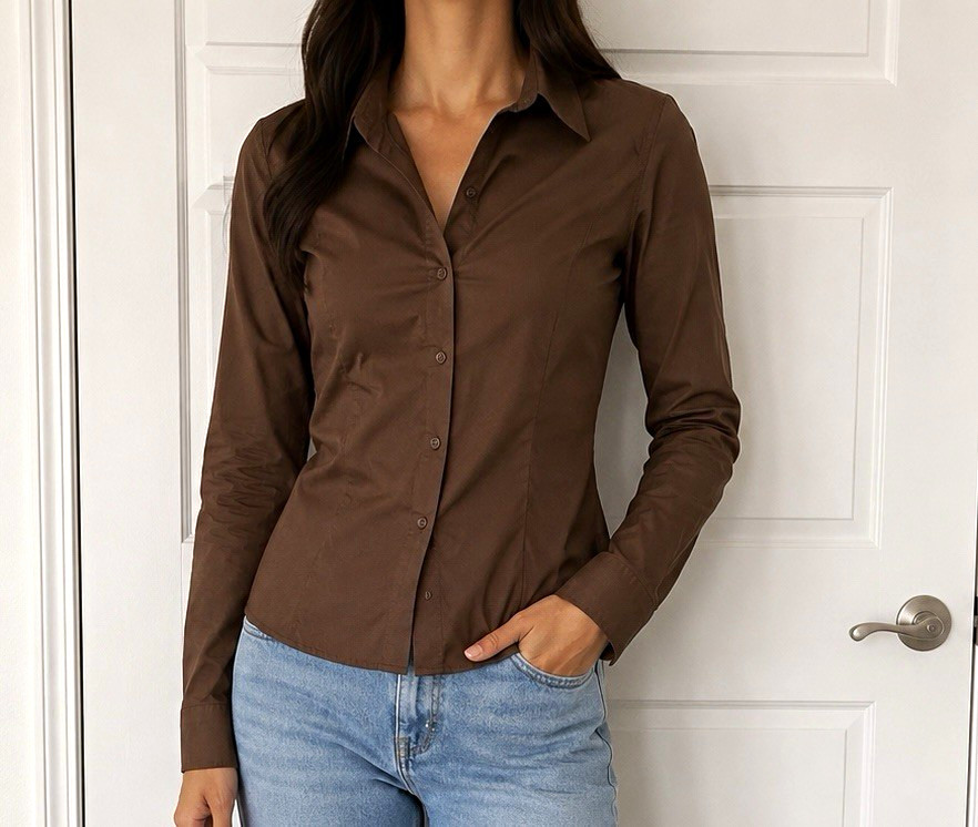 Love Tree Women’s Brown Solid Collared Long Sleeve Button-Up Blouse, S