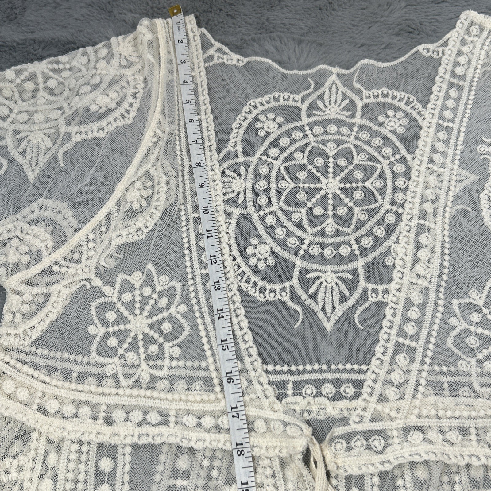 Sheer Ivory Lace Duster Tie Front Long Kimono Womens XL Goddess Romantic Boho