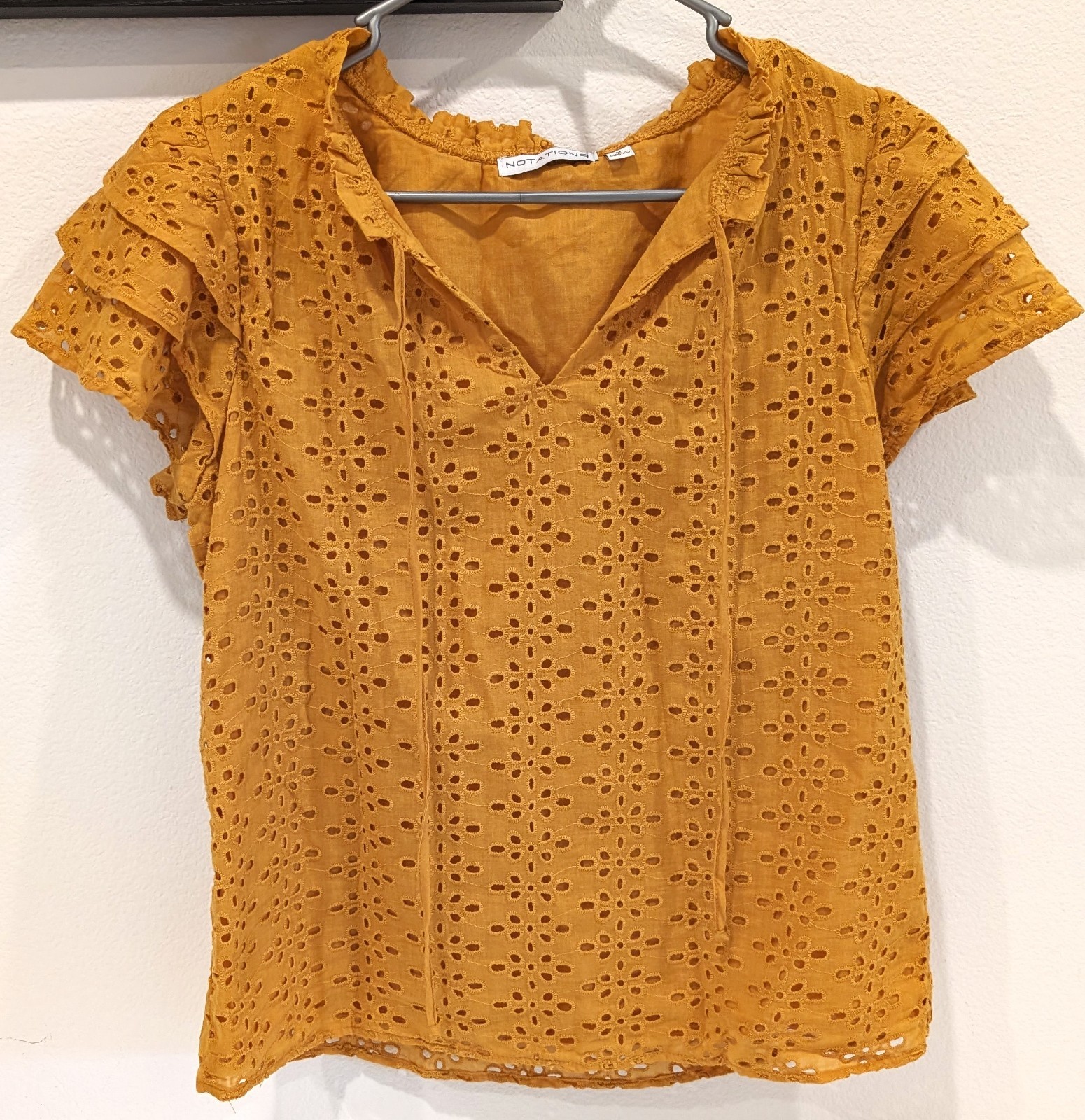 Notations Women Size M Mustard Yellow Eyelet Lace Top Tiered Sleeve Boho Blouse