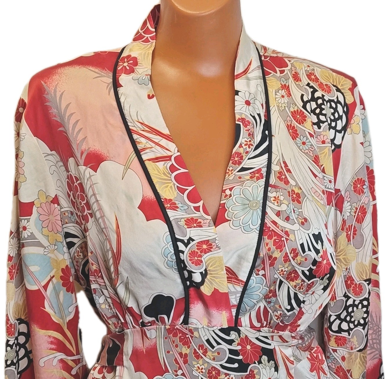 Vtg Jonathan Martin Sz XL Silk Faux Wrap Blouse Japanese Floral Y2k Babydoll Top