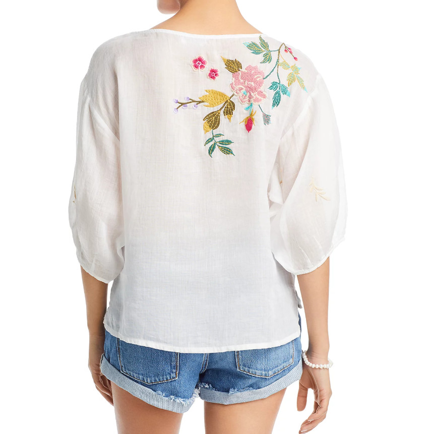 Johnny Was Adele 100% Linen Embroidered Floral Print Blouse White Sz XL ~NWT