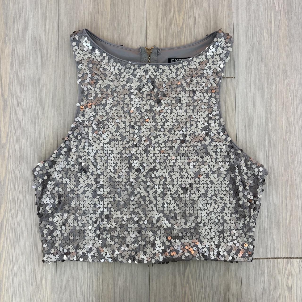 Express Silver Sequined High Neck Sleeveless Crop Top Size Small Zip Back