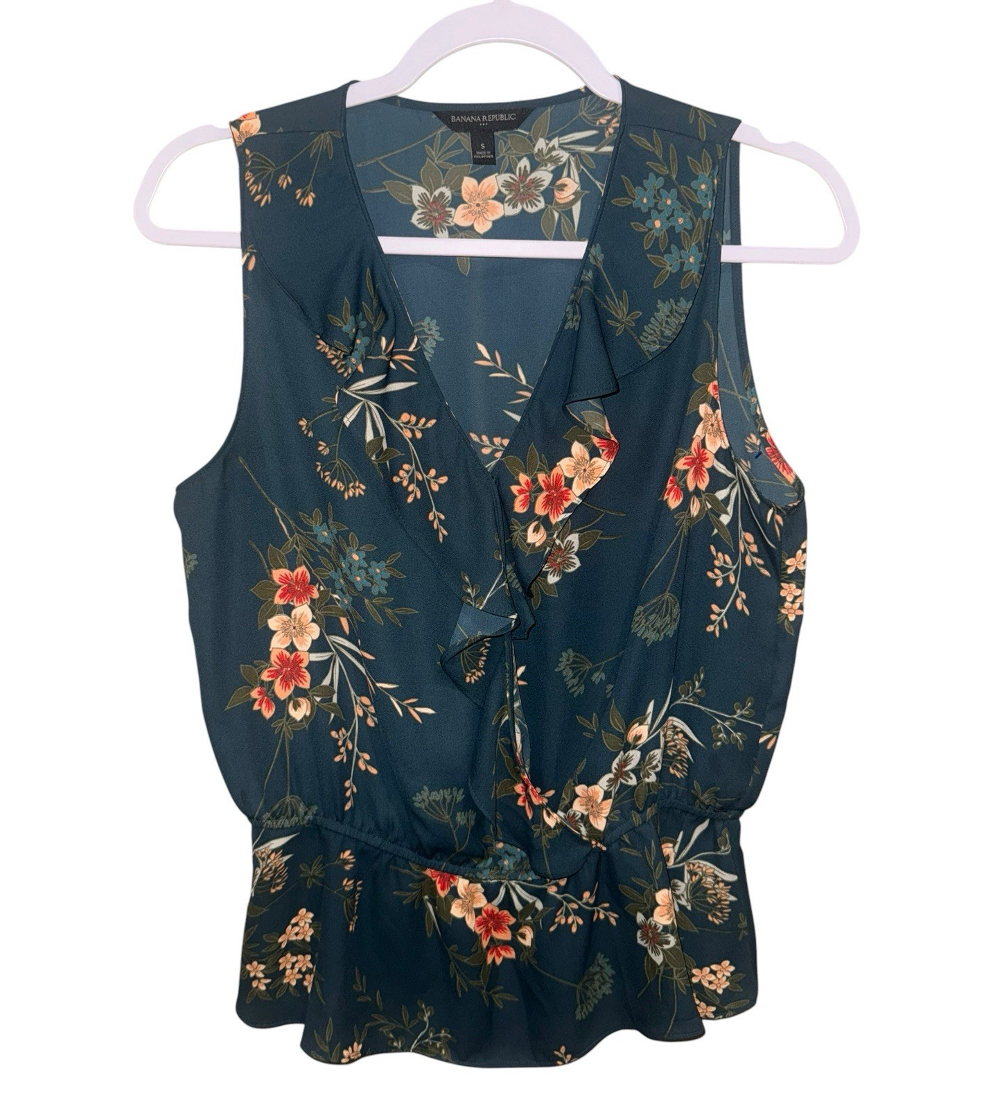 Banana Republic Sleeveless Floral Peplum Blouse Dark Teal Wrap Front Size Small