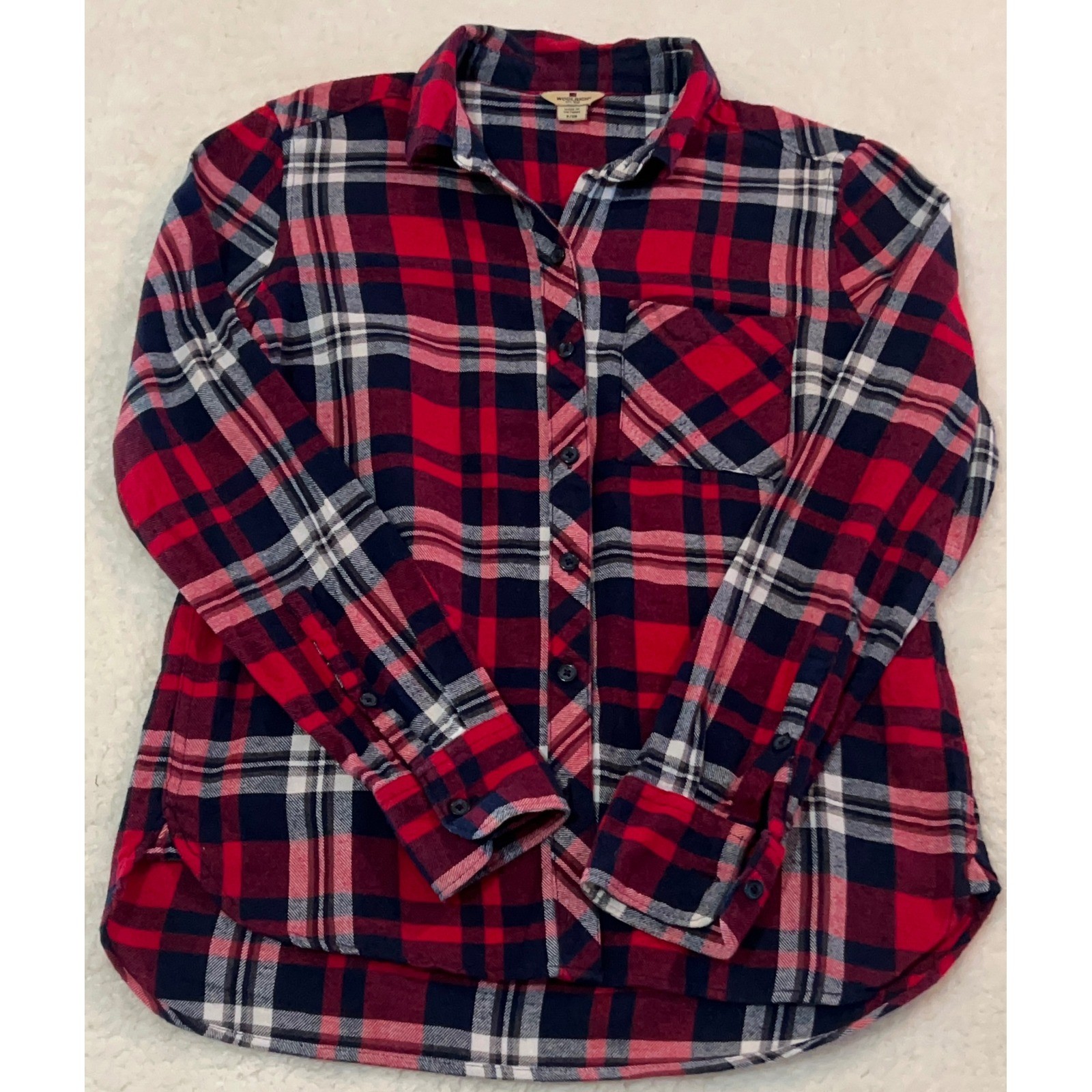 Woolrich Womens Red Navy Blue White Plaid Flannel Button Down Shirt Small S