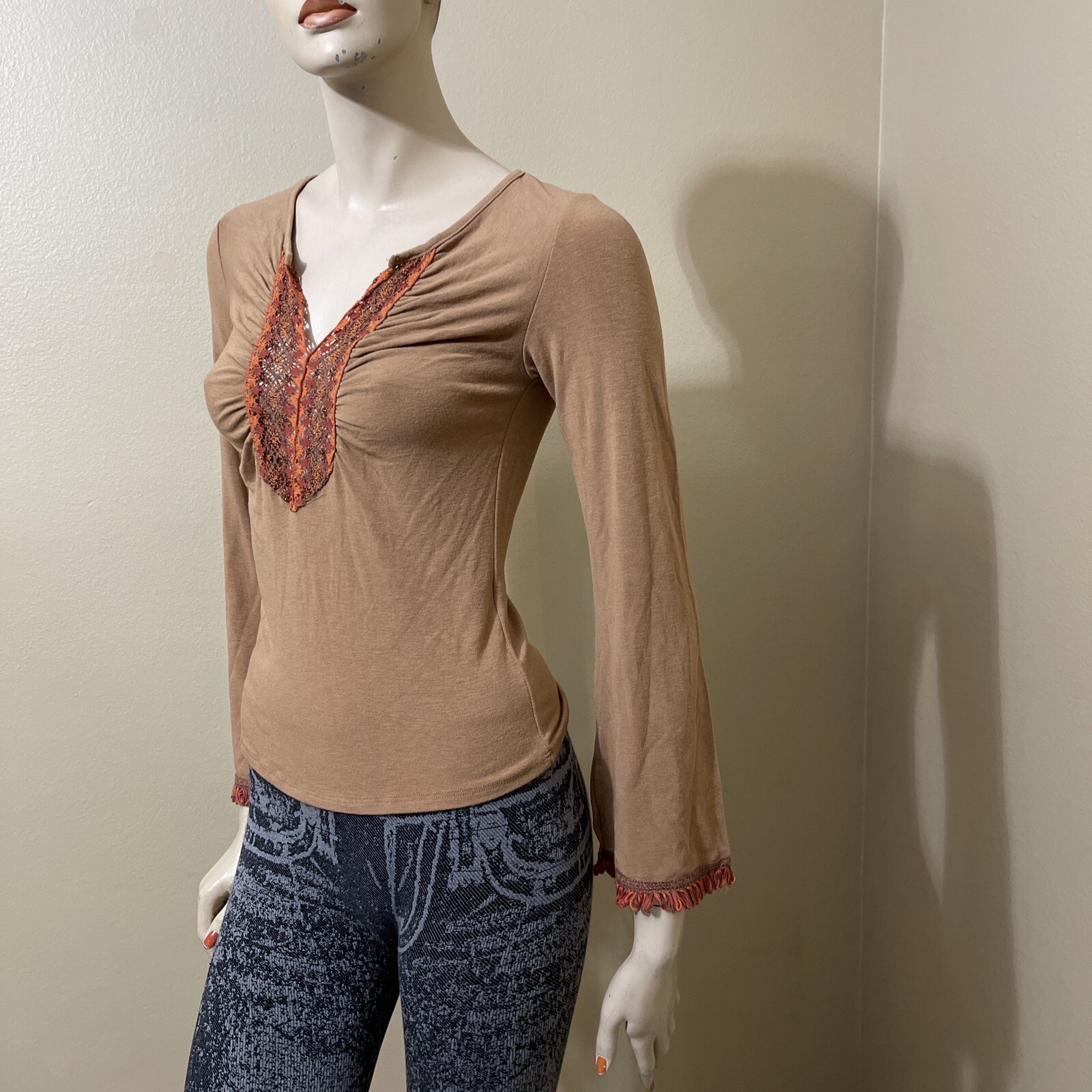 Women’s Brown Polyester Casual Stretch Slim Lace Slit Sleeve Size S Blouse Top