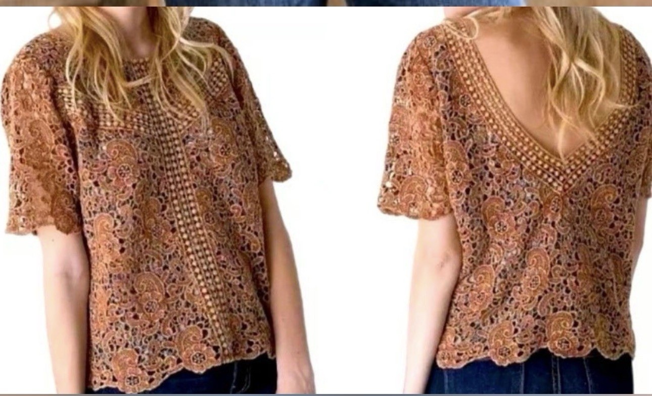Gimmicks BKE Boho Hippie Floral Embroidered Layered Lace Top Deep V Back Shirt