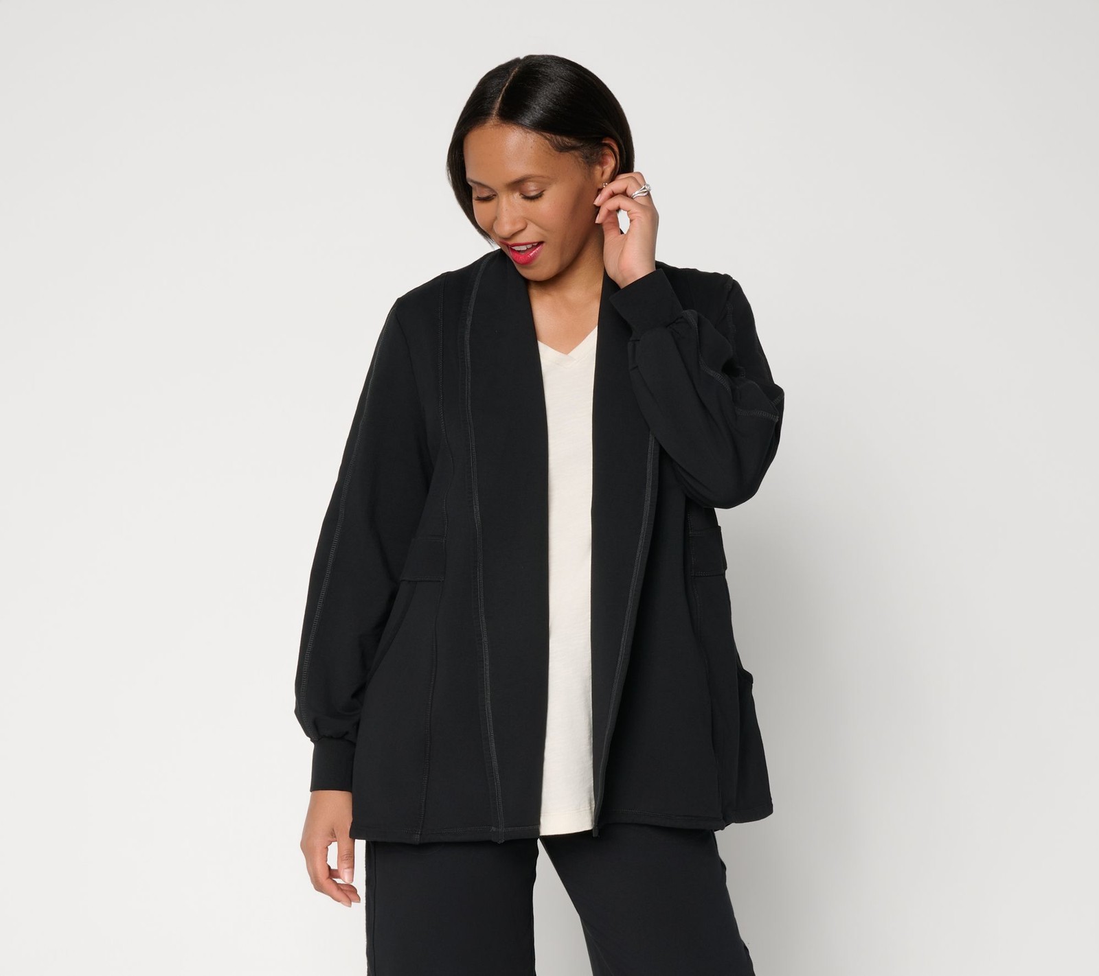 LOGO by Lori Goldstein LOGO Lounge by Lori Goldstein Open Front Shawl Collar Car