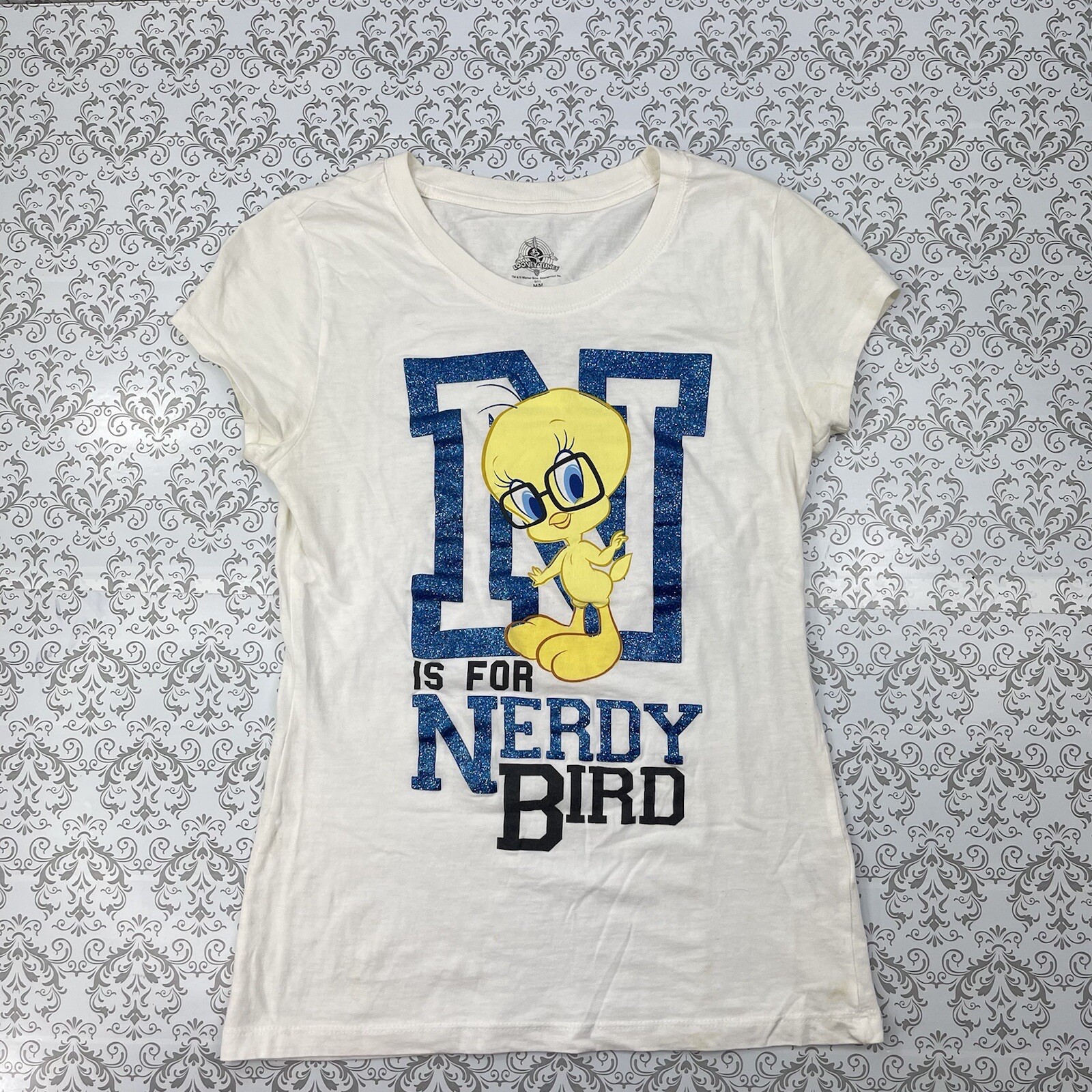 Warner Bros Tweety N is for Nerdy Bird Looney ToonWhite Glitter Top Shirt M 7/9