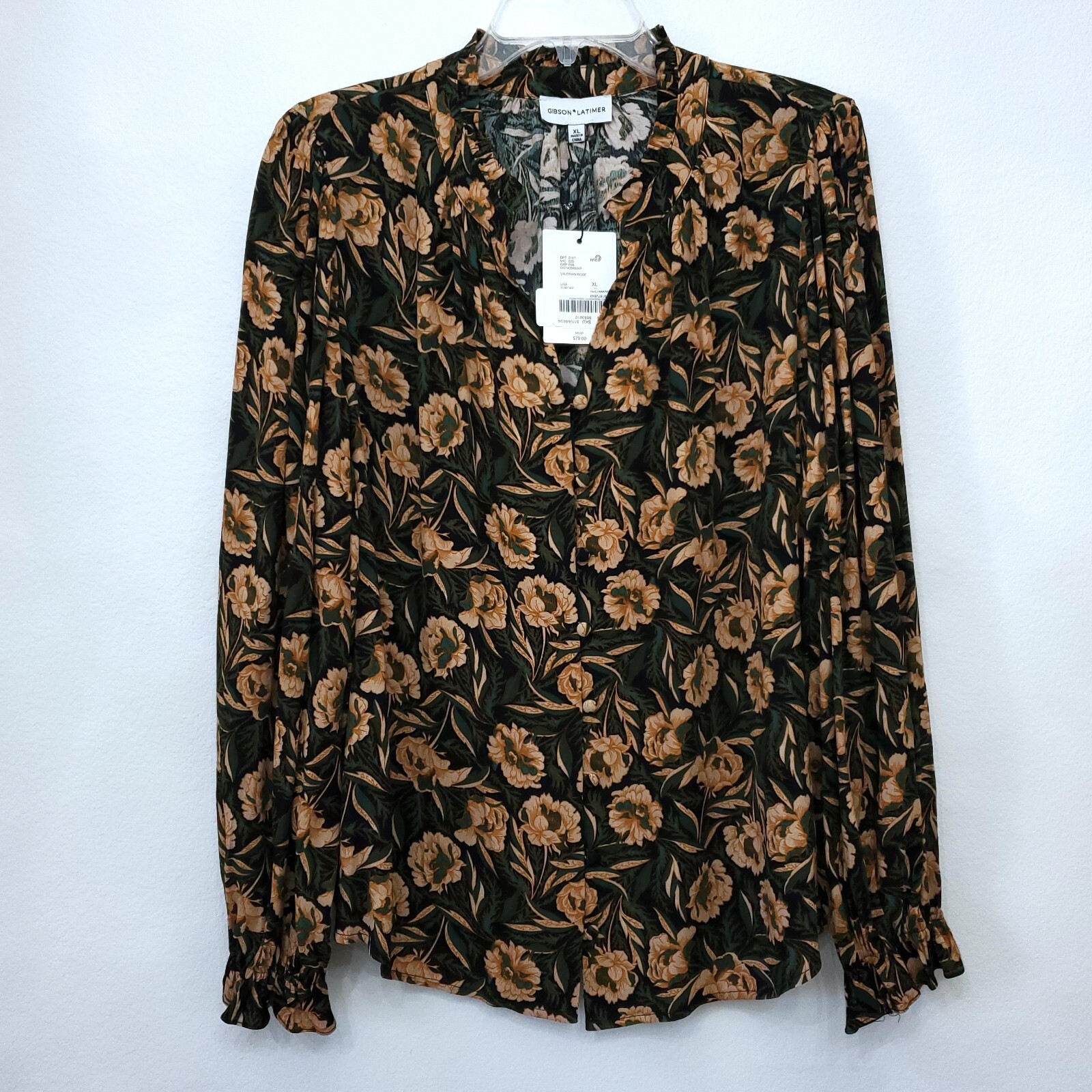 Gibson & Latimer Dark Floral Print Ruffle Collar Split V-Neck Peasant Top XL