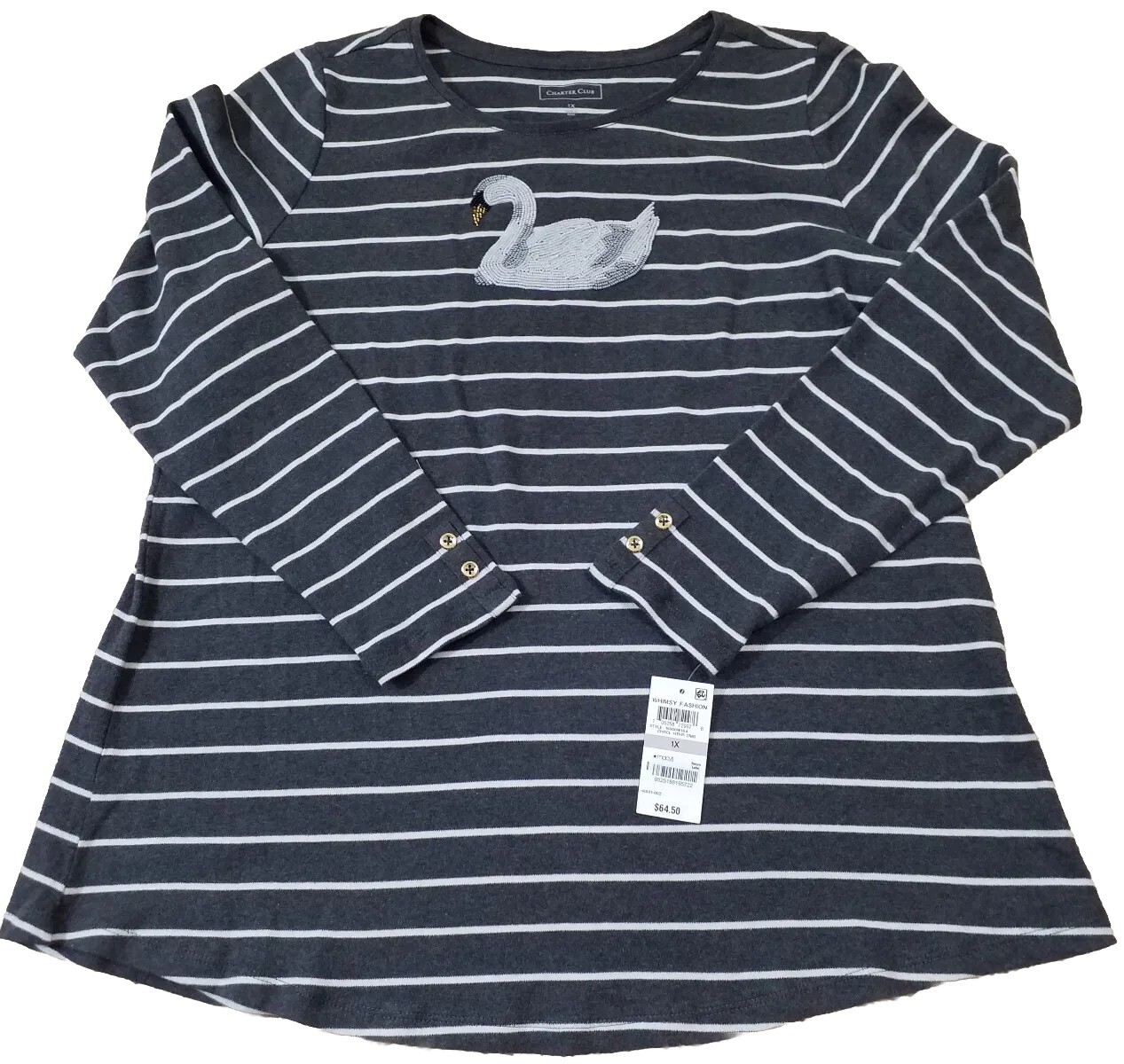 Charter Club Woman~Plus Sz 0X~Embellished Top, Cre Charcoal Heather Combo NWT$64