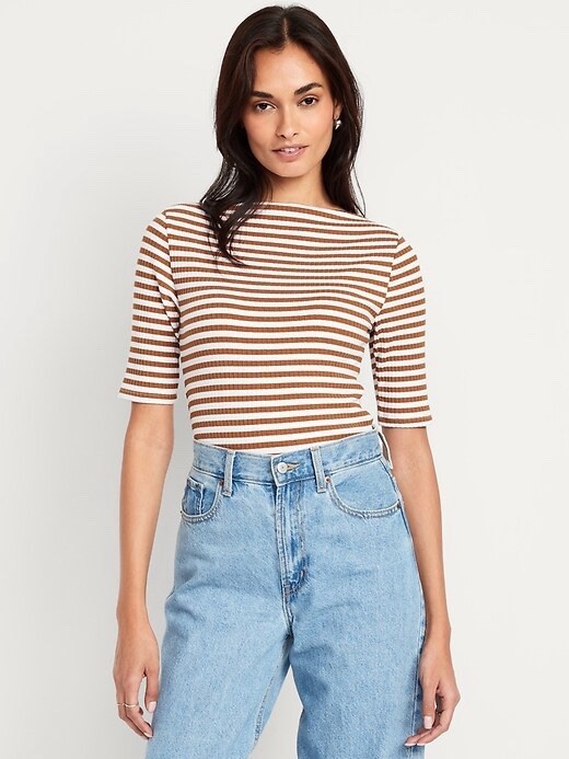 Old Navy Womens Large Burnt Orange White Striped Ribbed Boat Neck Top L