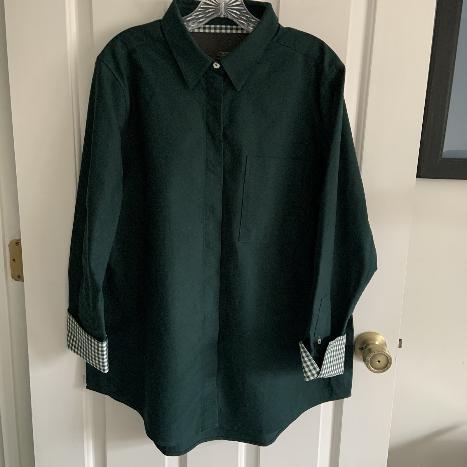 Claridge & King Women’s XL Dark Green Button up Shirt with Gingham flip cuffs
