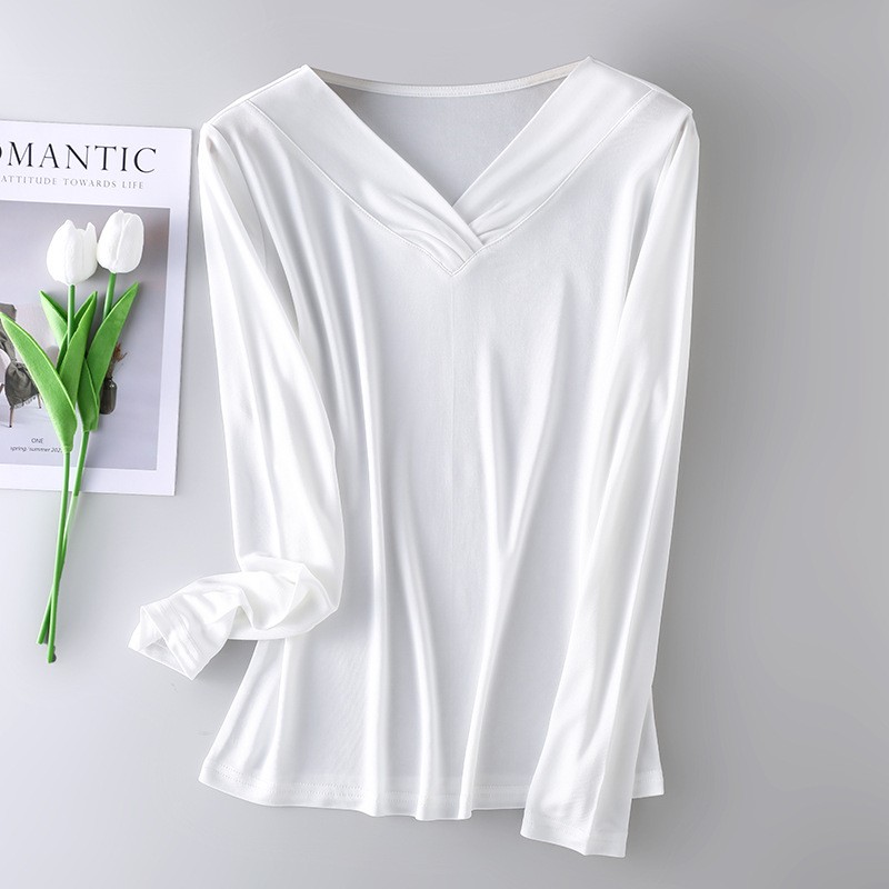 Women V Neck Mulberry Silk Top Long Sleeve Knited Silk T-Shirt Pullover Blouse