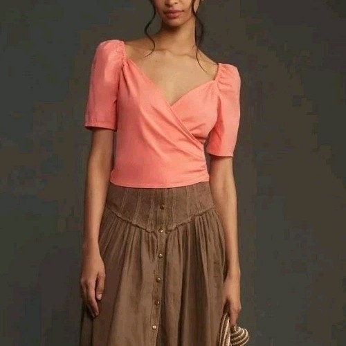 NEW ANTHROPOLOGIE PUFF SLEEVE SOFT KNIT WOVEN MIX WRAP TEE SHIRT TOP ORANGE XXS