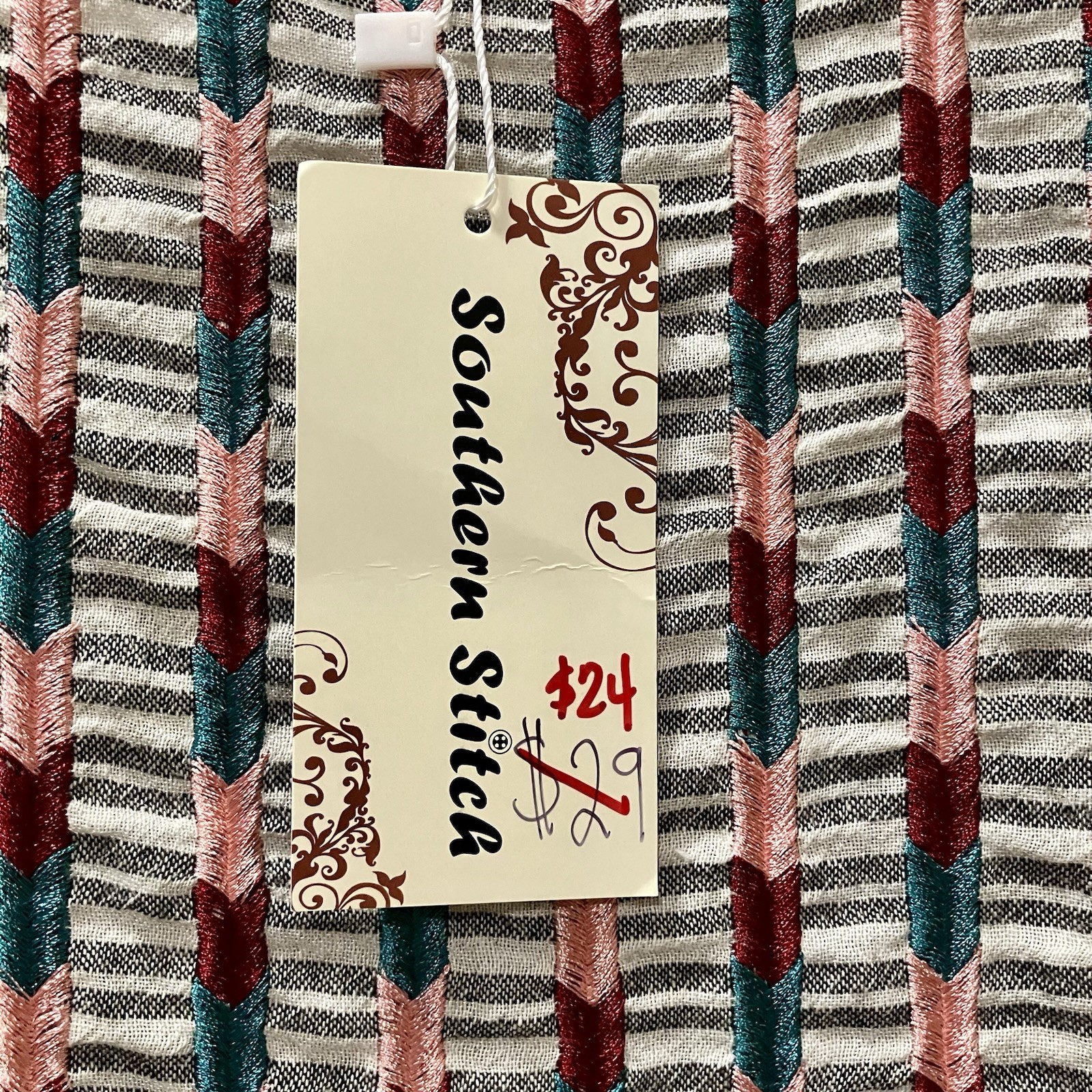 Southern Stitch Sleeveless Tunic Blouse Women’s M Gray Stripe Embroidered Boho