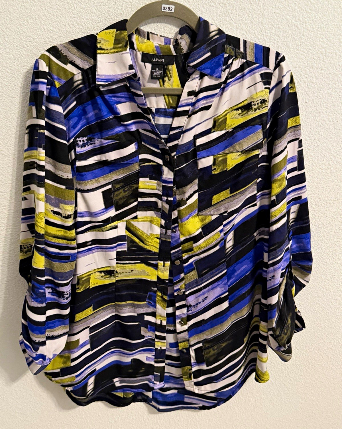 Alfani Women’s 8 Multicolor Abstract Collared Woven 3/4 Button-Up Blouse
