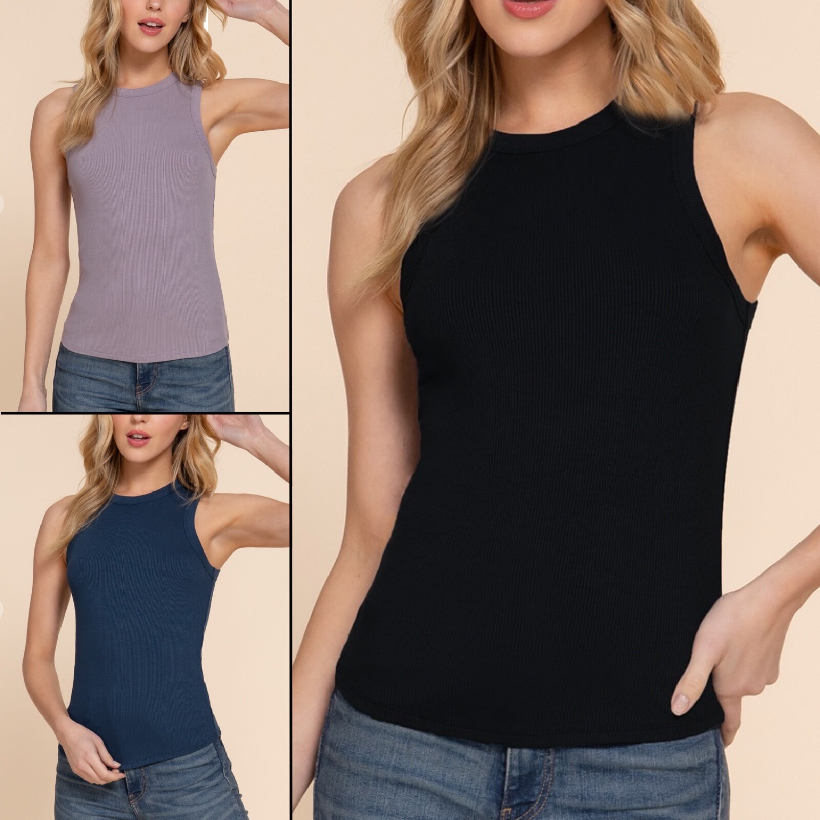 Active Basic 13837 Ribbed Rayon Crew Neck Racer Back Sleeveless Tank Top