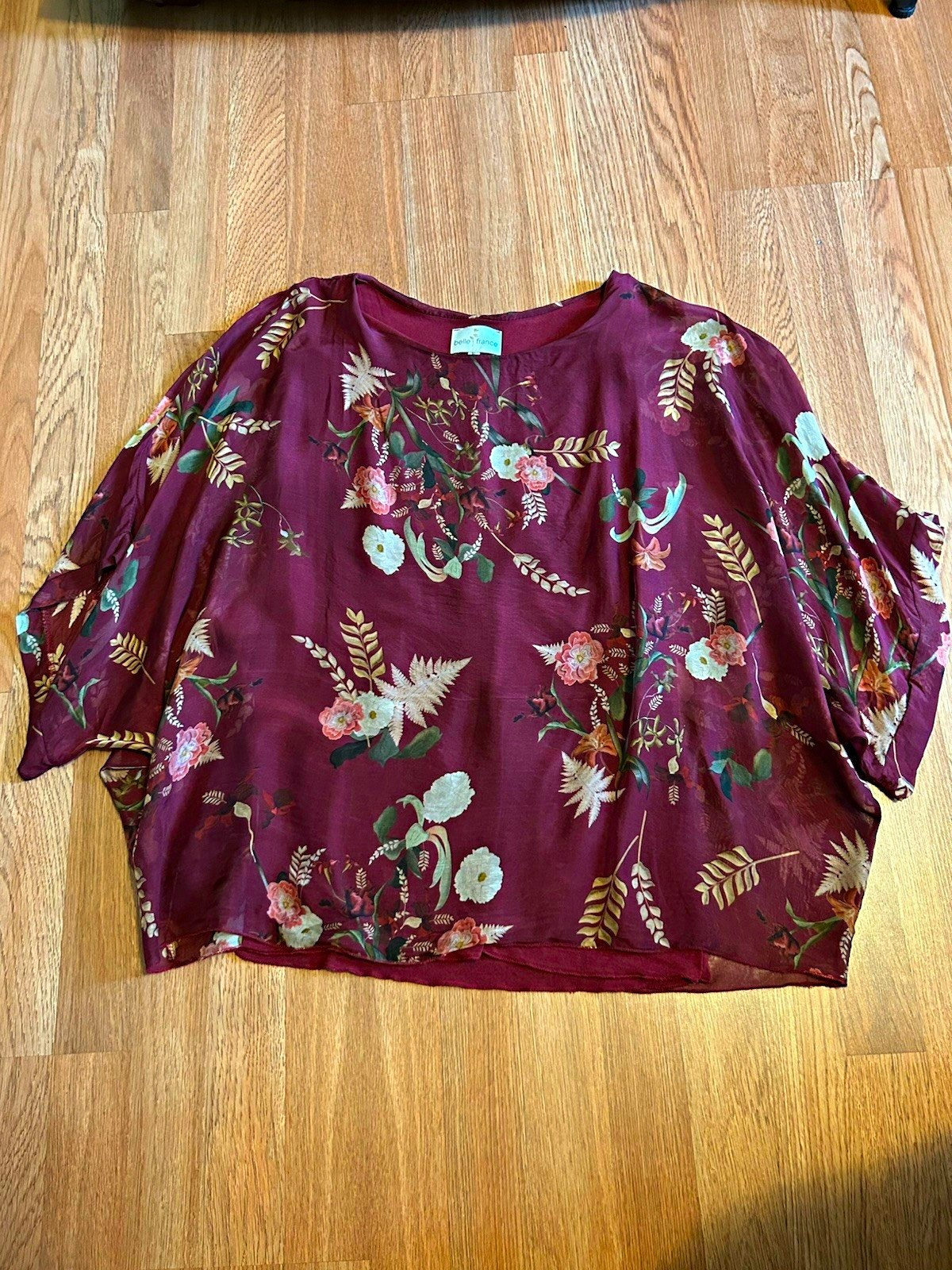 Belle France Burgundy Multicolor Floral Sheer Chiffon Round Neck Blouse XL