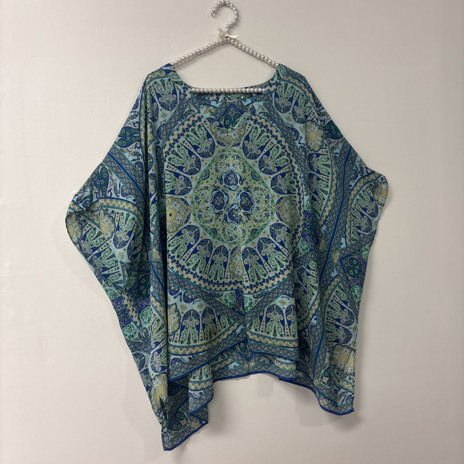 Blue Green Paisley Mandala Print Kaftan Poncho V-Neck Boho Tunic Cover Up