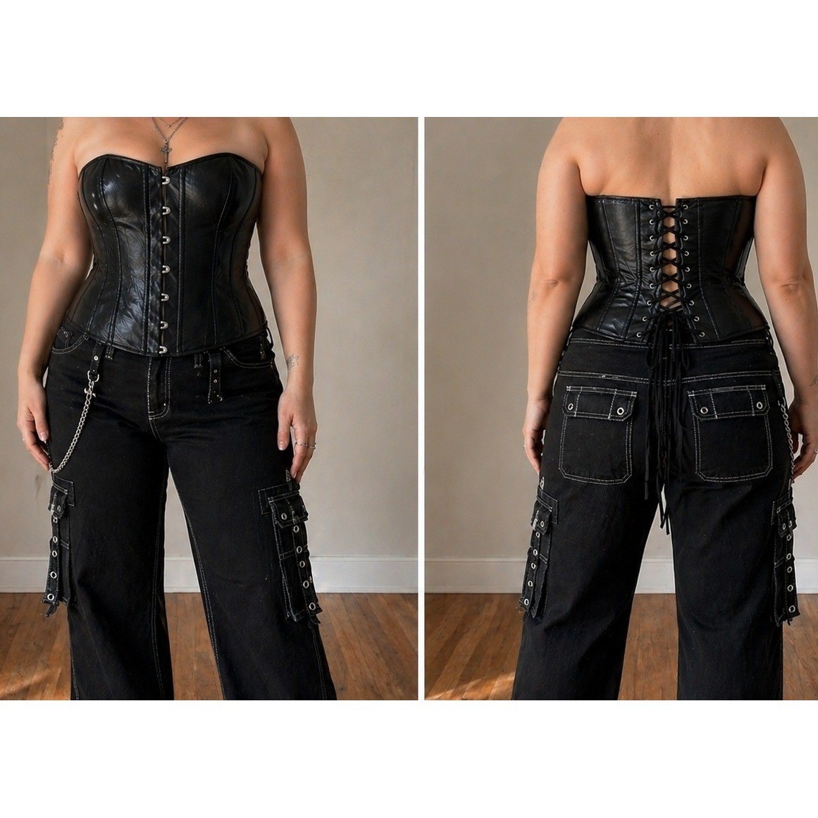 Black Goth Corset Top XL Faux Leather Boned Bustier Lace Up Punk Indie Sleaze