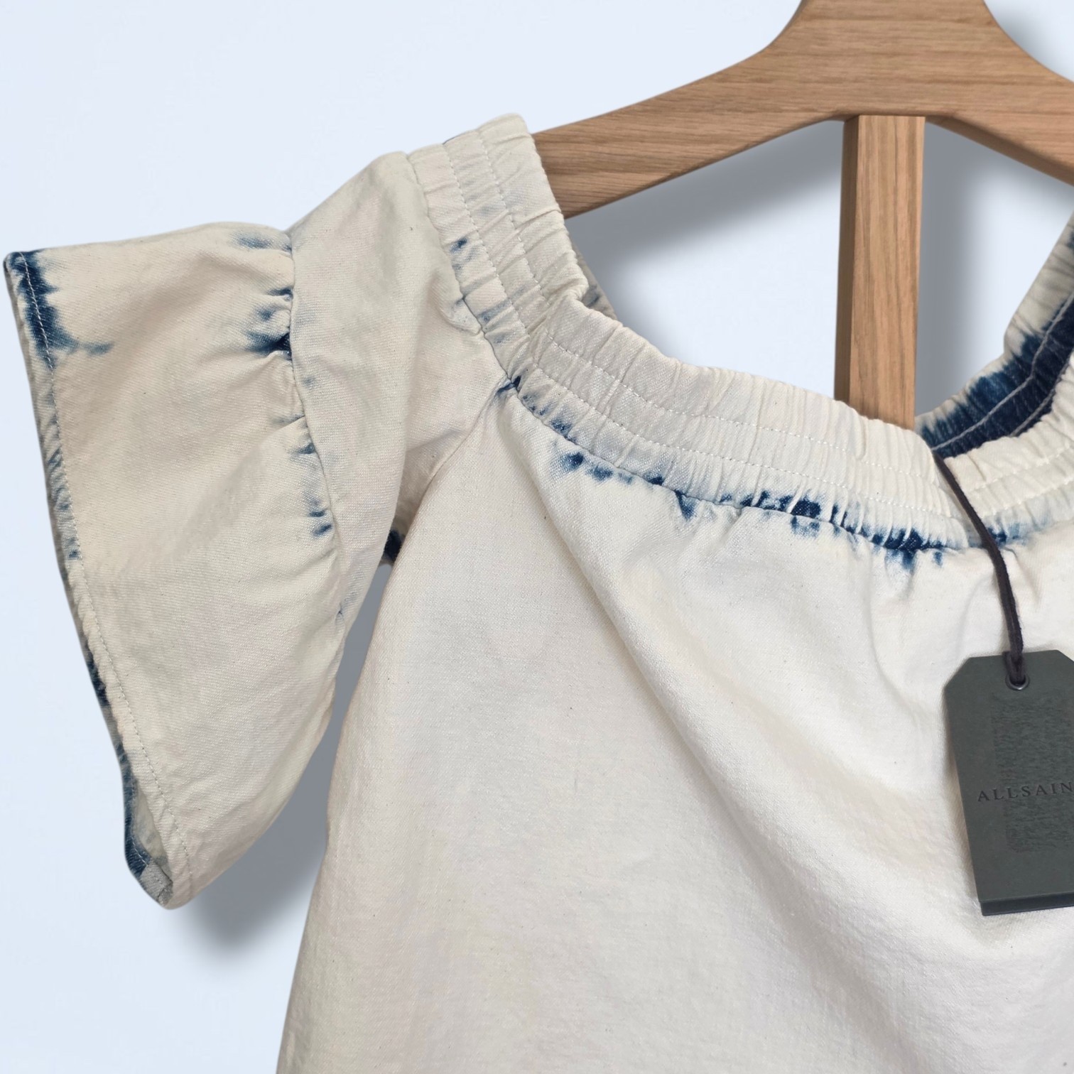 All Saints | Adela Bardot Top | White & Blue Bleach Wash | NWT | UK 10
