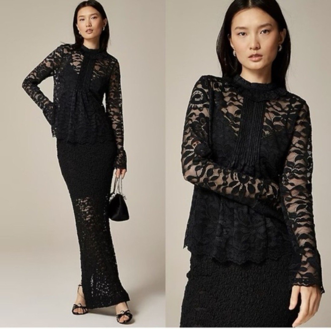NWT.J. CREW Lace Mockneck Top Black Floral Victorian Coquette Romantic Size 8