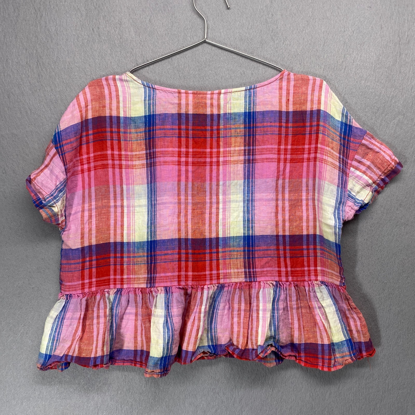 C&C Shirt Womens Medium Pink Plaid Linen Pullover Ruffle Boho Preppy Cropped