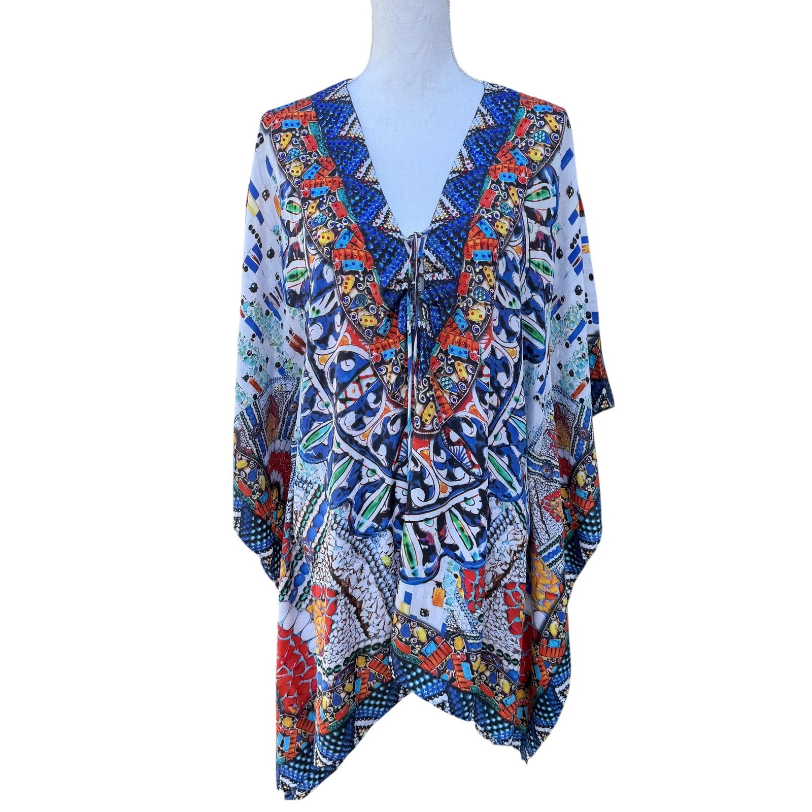 Sakkas Cover Up One Size White Colorful Print Kaftan Tunic Top