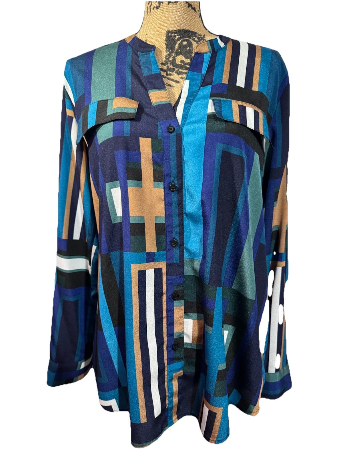 Calvin Klein Medium Long Sleeve Button Up Teal Black Blue Tan Blouse