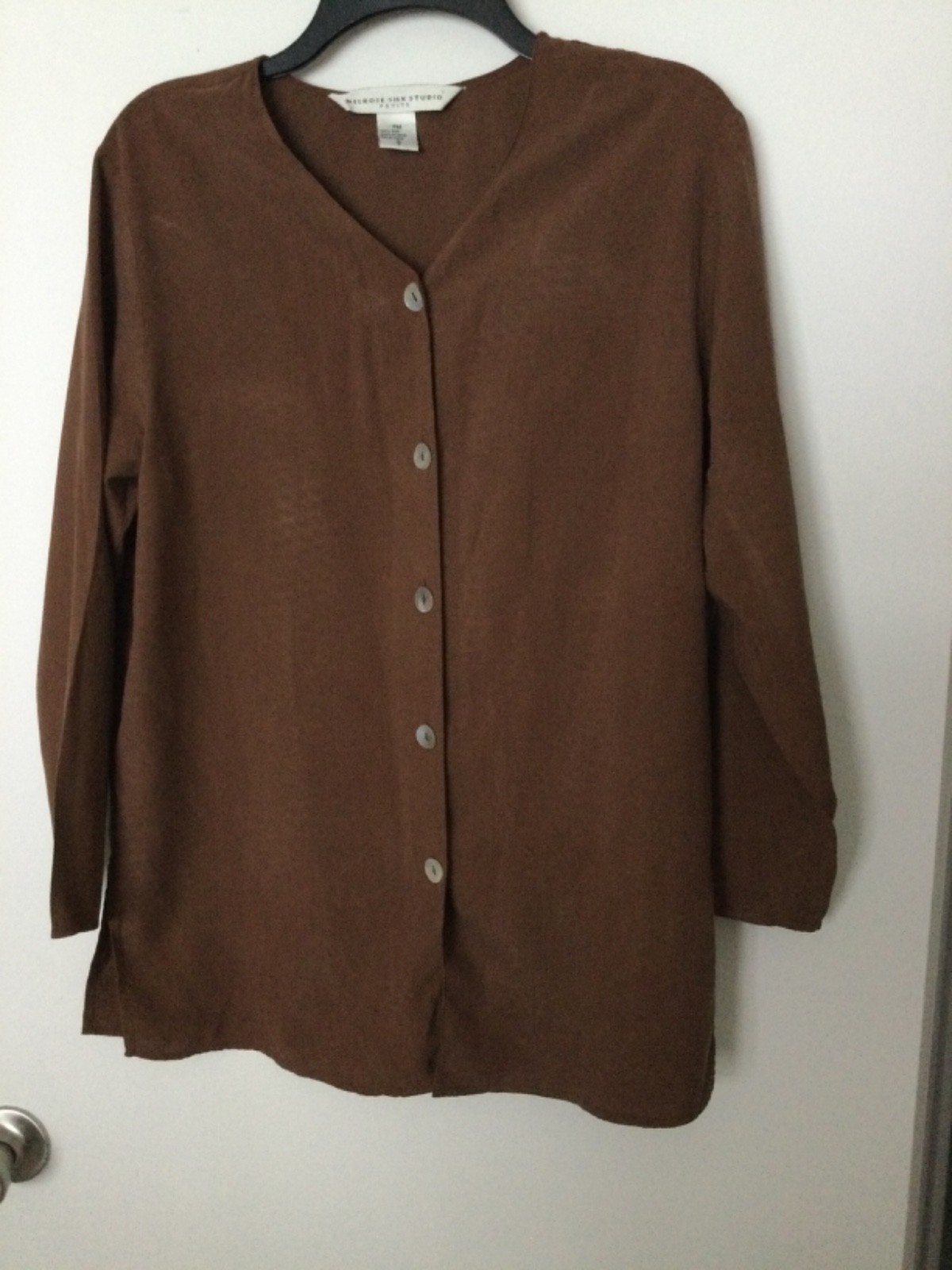 VTG Melrose Silk Studio Brown Sz MP Silk Blouse Top Button Slits Y2K Boho Retro