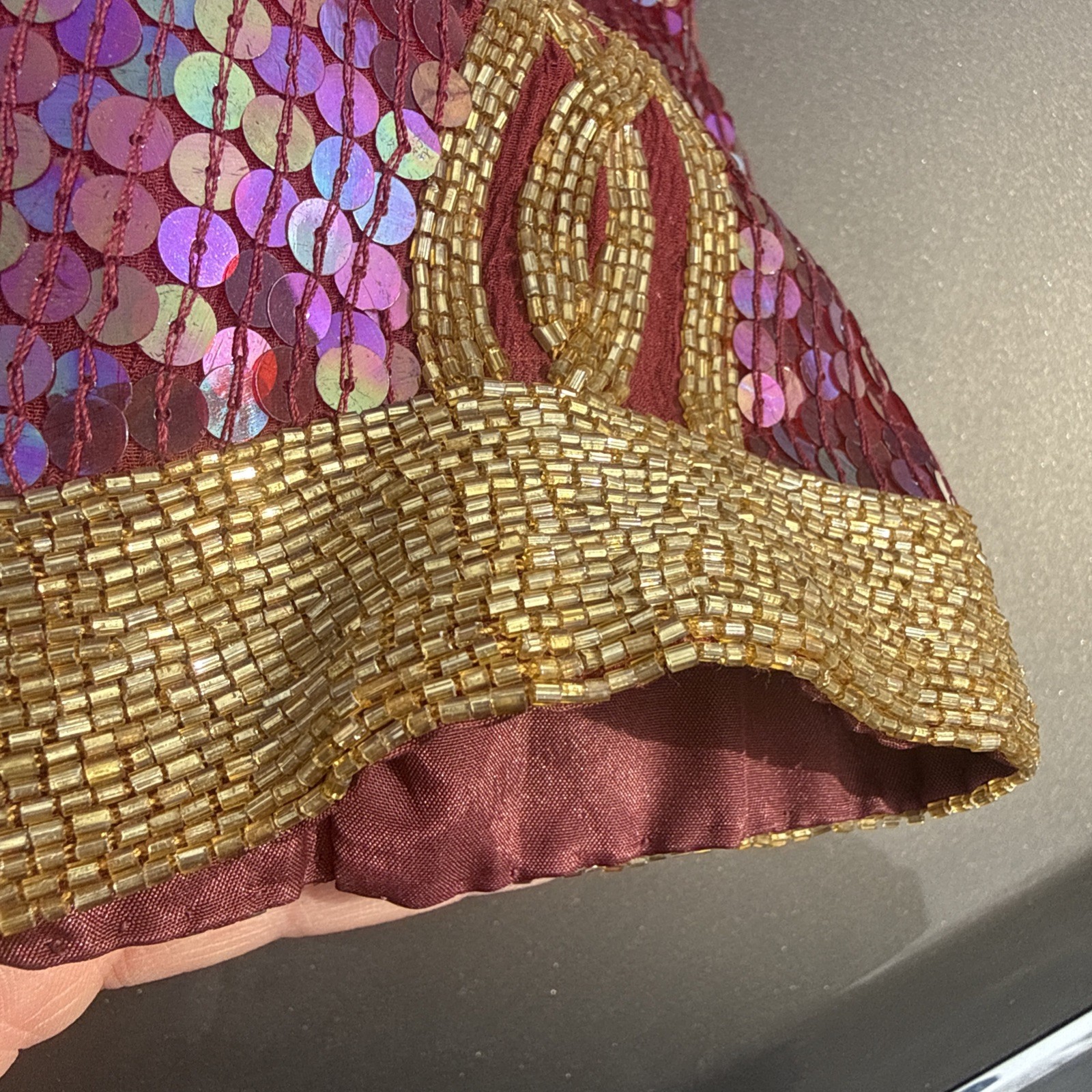 Joan Leslie Purple Gold Sequins Beaded Formal Long-Sleeve 100% Silk Top Size XL
