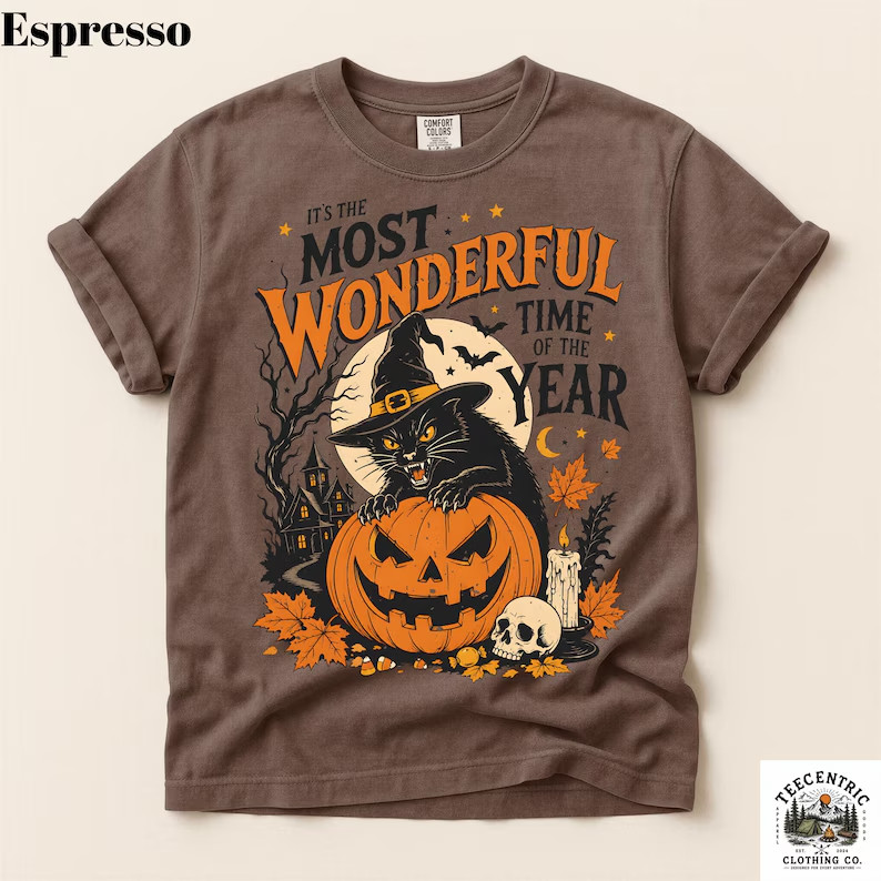 It’s The Most Wonderful Time Of The Year T-Shirt Halloween Black Cat Pumpkin Tee
