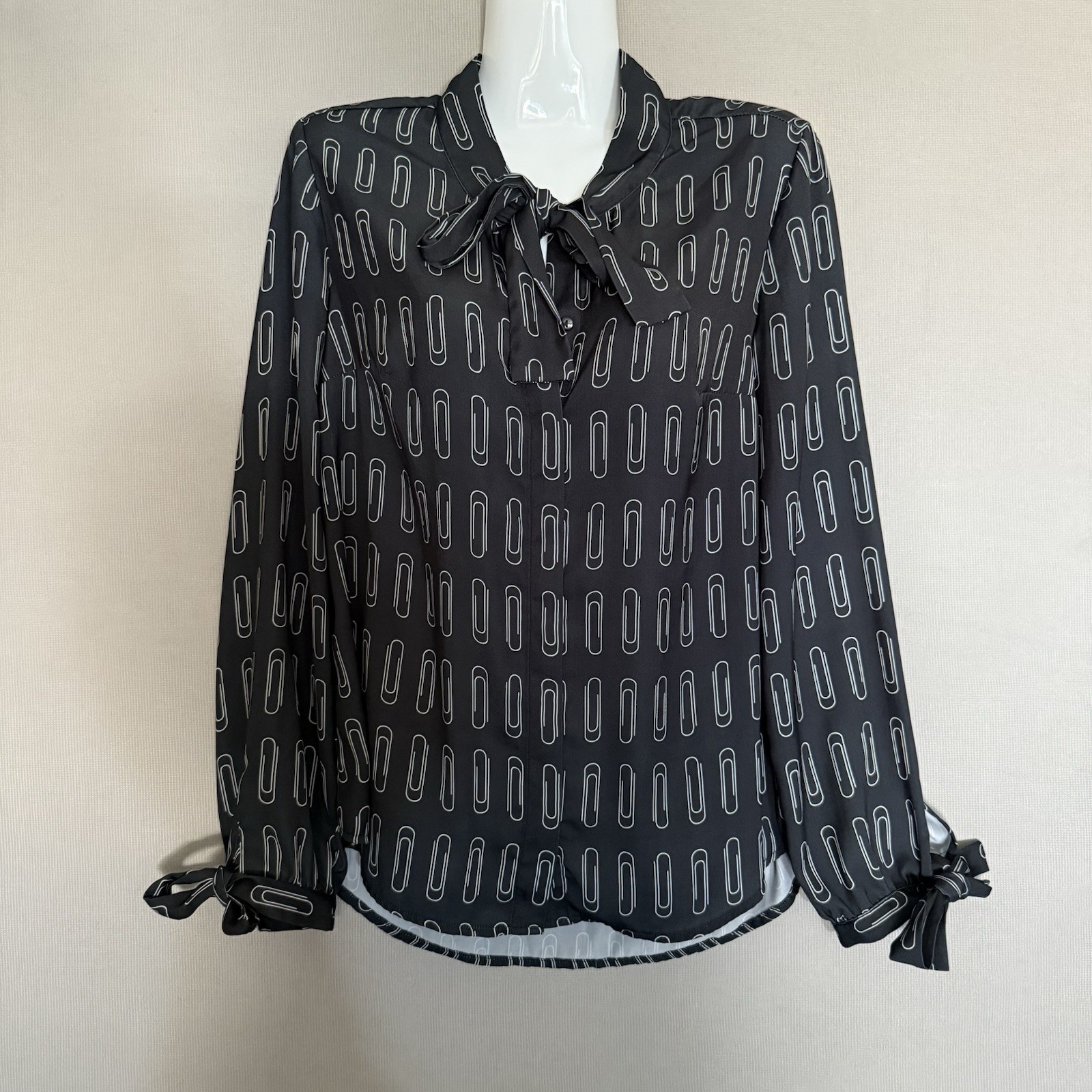 ModCloth Novelty Print Blouse Medium M Button Up Shirt Paperclip Tie Neck Top