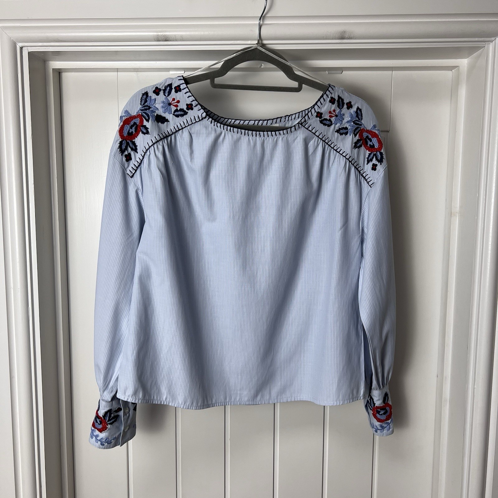 H&M Blouse Top Women’s UK 8 Blue Embroidered Long Sleeved Summer Casual Striped