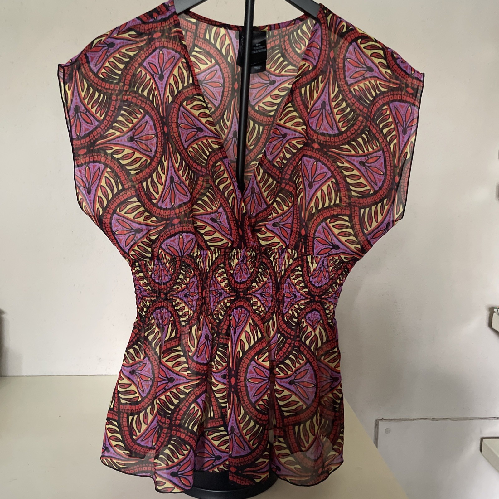 Bisou Bisou Michelle Bombot Sheer Blouse Shirt Women Boho Med