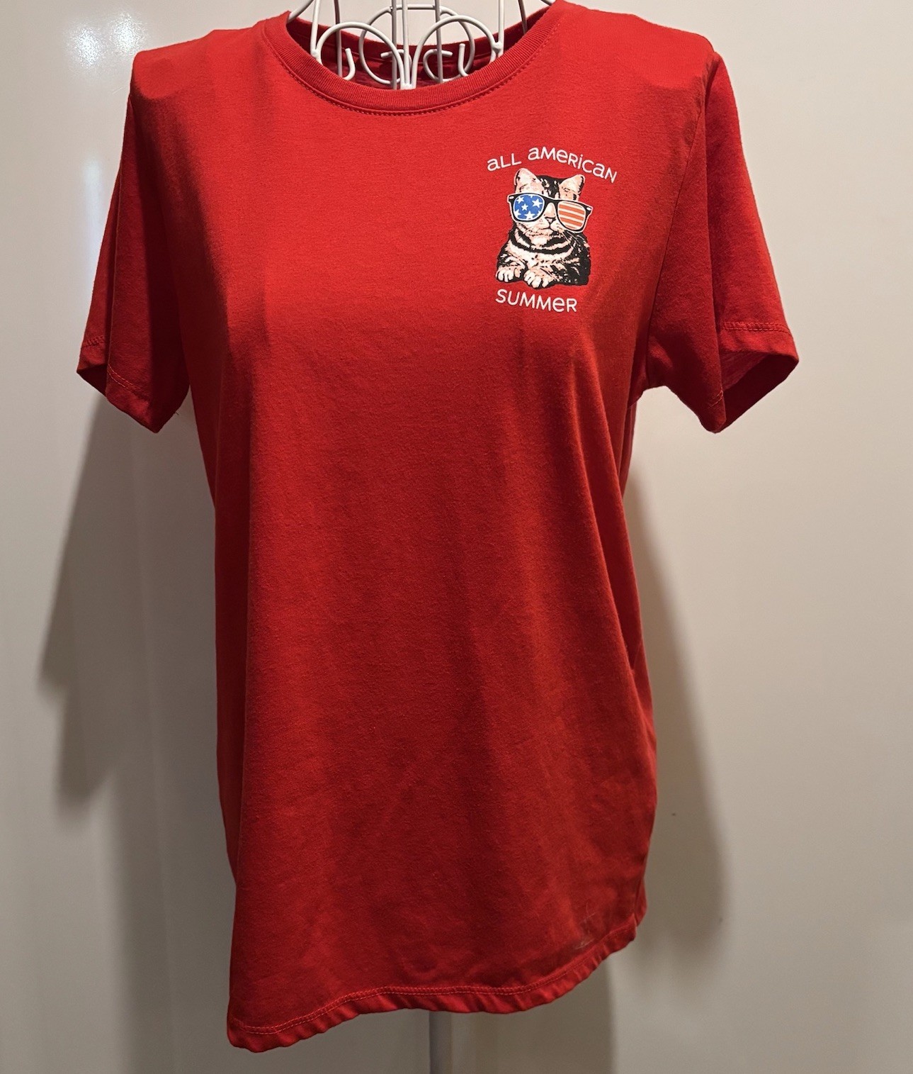 All American Summer Red T Shirt Ladies Medium 34 X 22 Kitten In Glasses