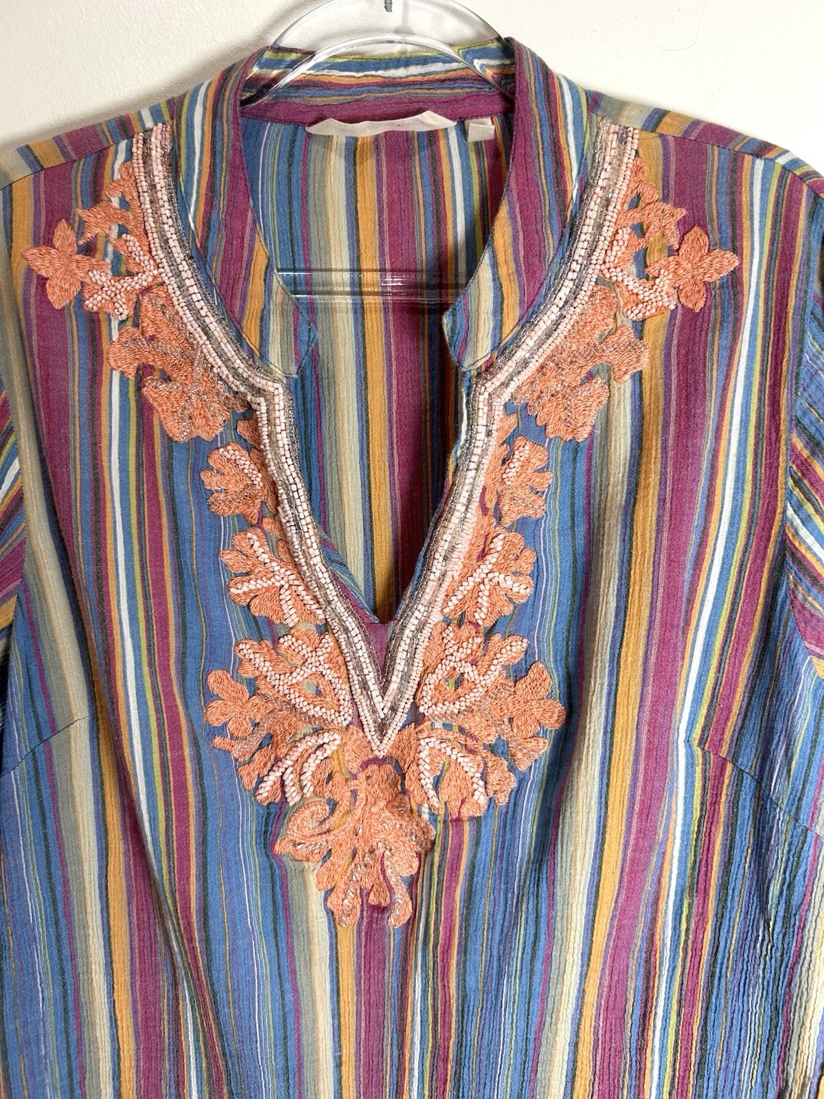 Soft Surroundings Tunic Top Embroidered Beaded Gauzy 100% Cotton Striped Gypsy L