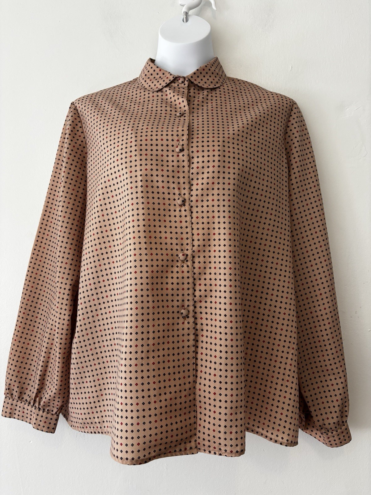 Vintage Robbie Sport Blouse Women Large Tan Blue Red Removable Neck Bow