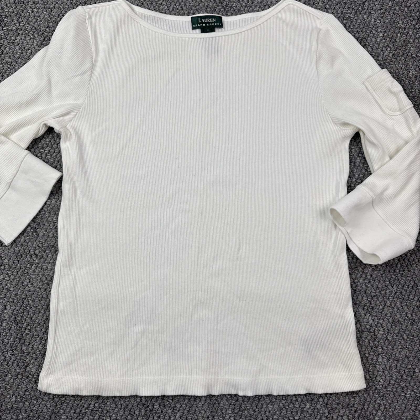 Lauren Ralph Lauren Ribbed Knit Top Large Boat Neck Nautical Shirt 3/4 Sleeve