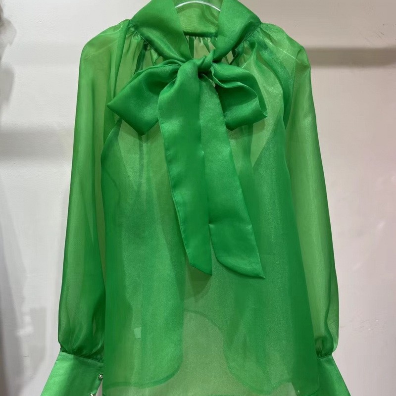 Women’s Puff Sleeves High Neck Bow Shirt Blouse Pullover See-through Tops Party