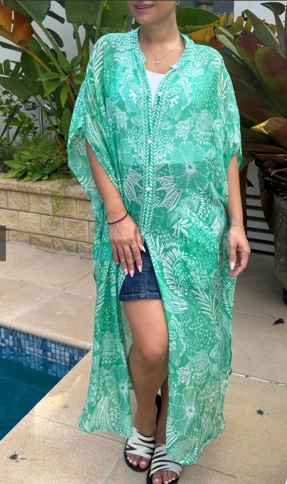Aribella Australia Cotton Silk Blend Kimono Caftan Cover-Up OS Green Bohemian