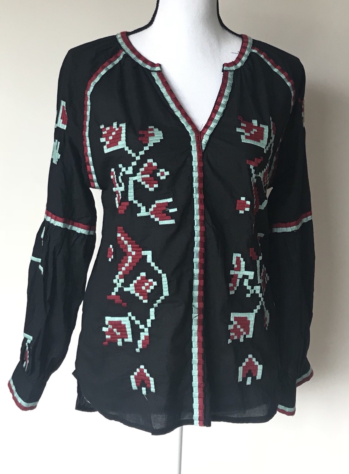 Rd & Koko Womens Embroidered Tunic Top Black Red Aqua Peasant Boho Size Sz Small