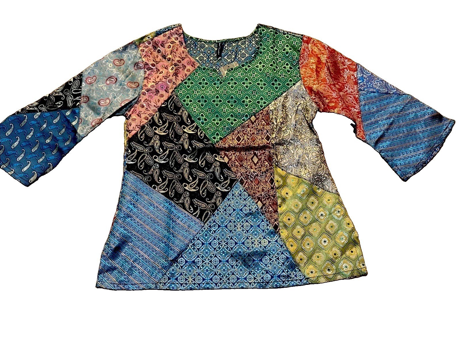 NWT Sacred Threads Top Exquisite Blend Of Patterns & Colors Bell Sleeves Size M