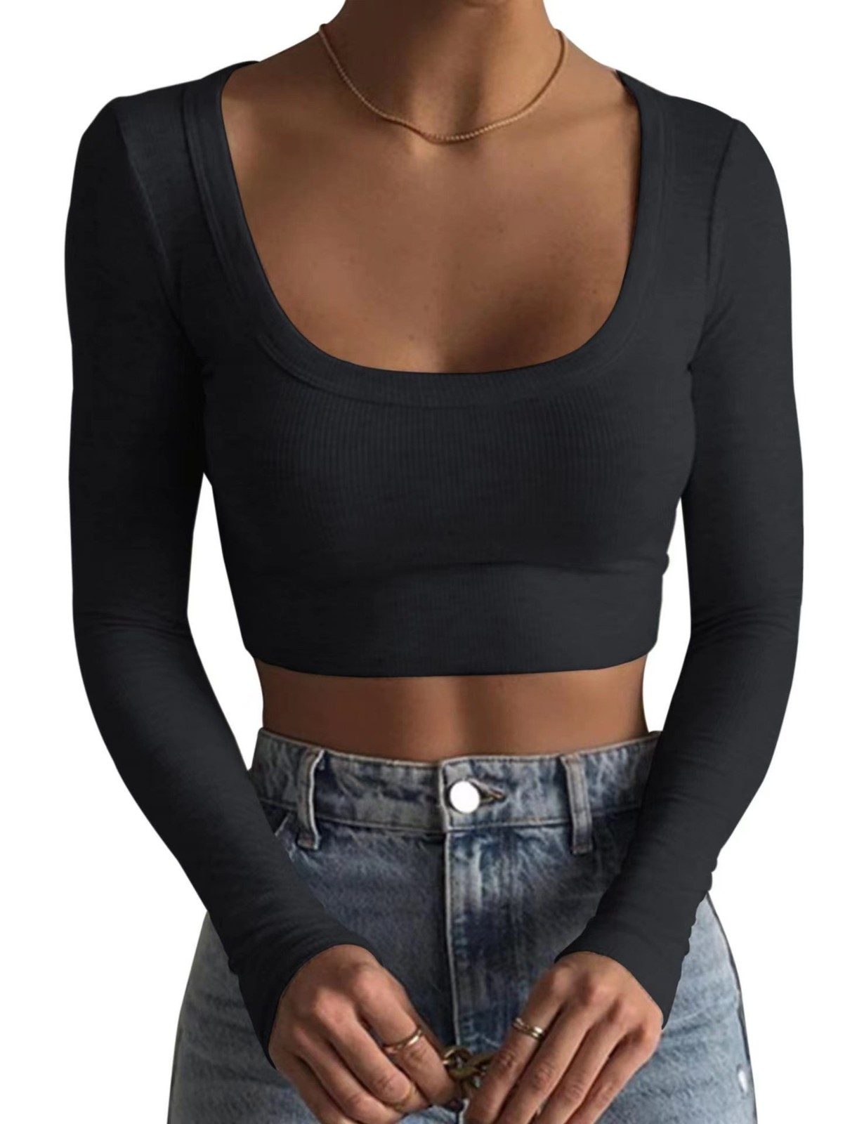 Big round neck long sleeved thread ultra short slim fit and slimming effect