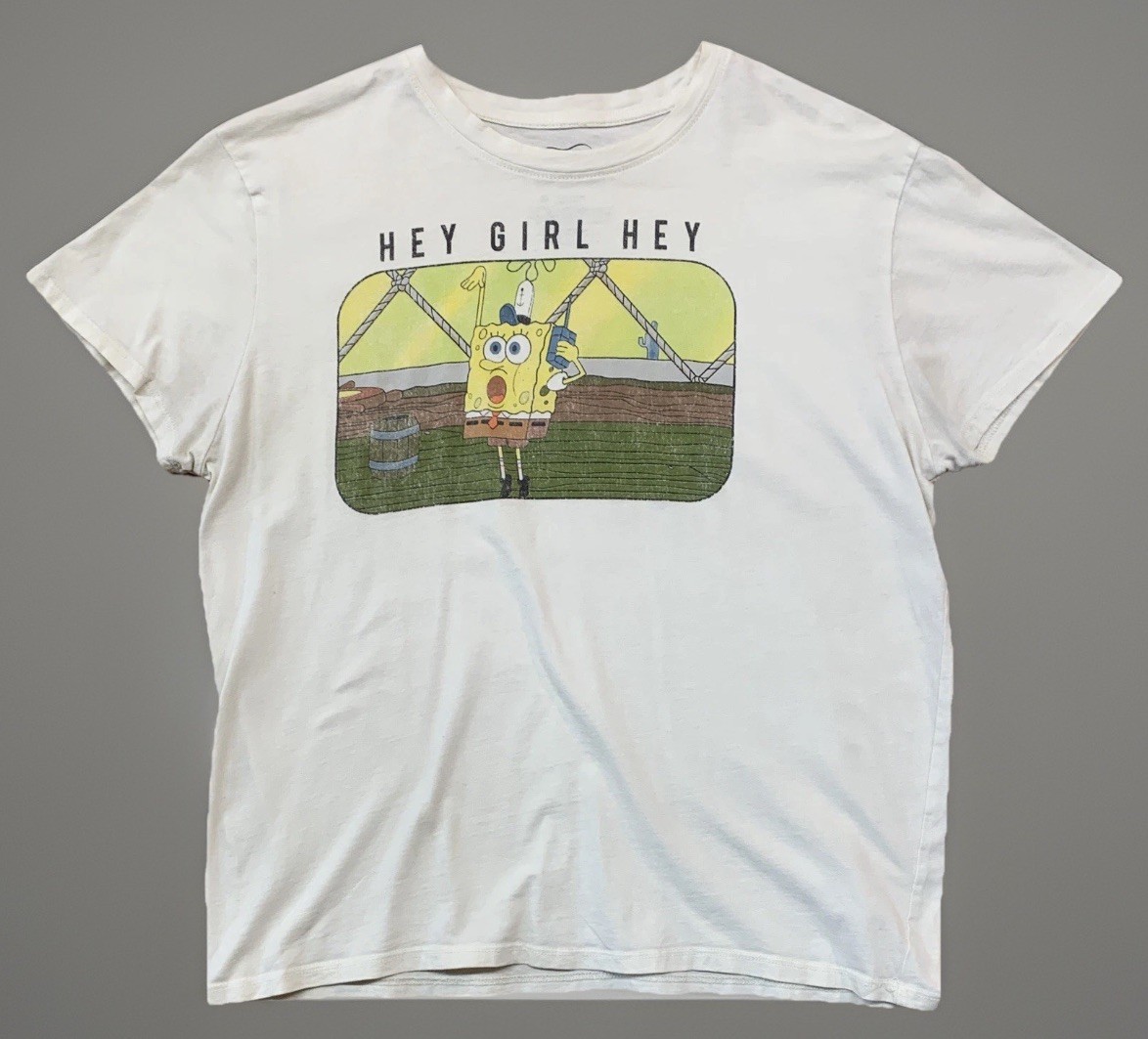 Sponge Bob Square Pants Hey Girl Hey Funny T-Shirt Women’s Size Large Beige